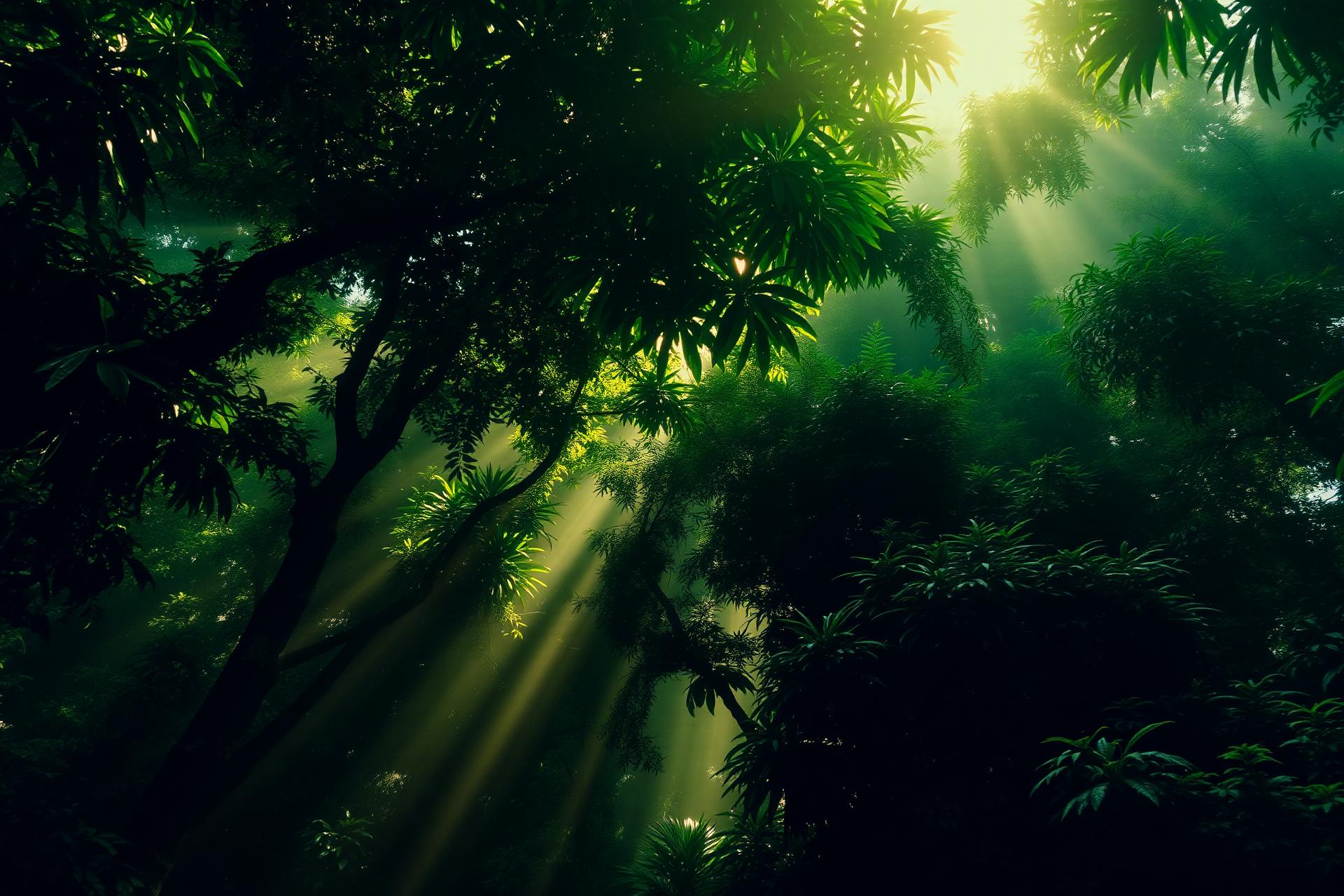 Sun rays through a lush tropical jungle